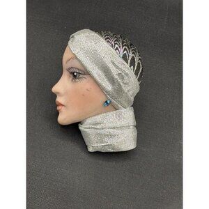 Vintage Porcelain Head Brooch With Silver Turban & Scarf Accent